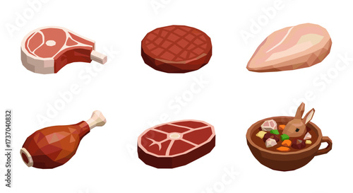 Vector art of collection of raw and cooked meats, including steak, chicken, and stew