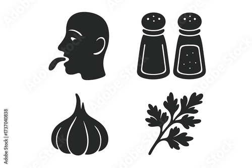 Taste and seasoning glyph icon set. Vector collection of flavor symbols for web and graphic design. Human sense of taste, salt and pepper shakers, garlic, parsley herb.