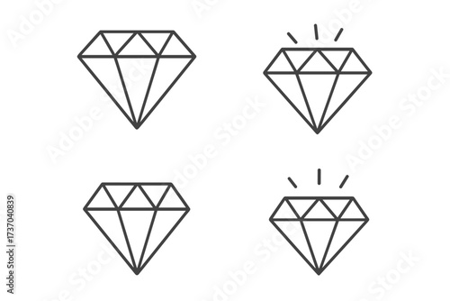 Diamond icon set vector linear stroke illustration. Thin line graphic elements of brilliant jewel. Precious gem symbol collection. Quality, premium, shine, and luxury concept.