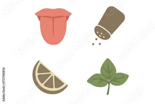 Four basic tastes icon set. Salty, sour, sweet, umami. Tongue, salt shaker, lemon, and herb leaf symbols. Food seasoning and flavor concept vector illustration collection.