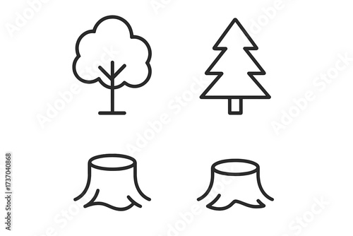 Deforestation before and after vector icon set. Forest logging illustration shows trees and cut stumps. Environmental destruction, climate change impact, felling trees concept.