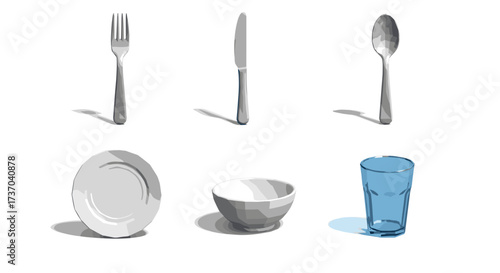 Vector art of set of tableware including fork, knife, spoon, plate, bowl, and glass