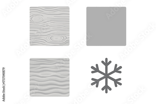 Vector icon and texture set. Snowflake symbol for winter, cold, and frozen concepts. Wood grain, concrete stone, and abstract wave patterns for background and design elements.