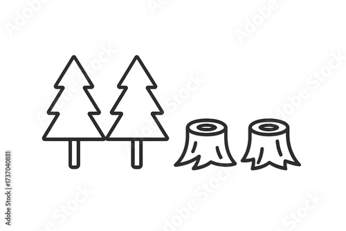 Vector thin line icon of deforestation, before and after comparison. A forest with living pine trees and felled tree stumps. Symbol of logging, environmental destruction, and climate change.