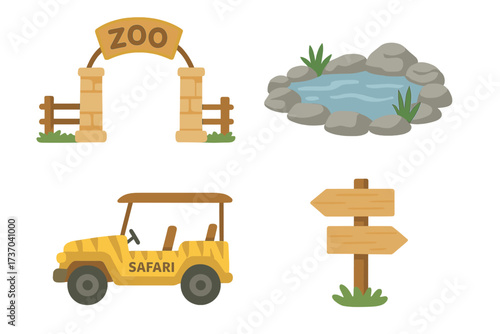 Cute cartoon zoo and safari adventure icon set. Vector collection with park gate, safari jeep, stone pond, and wooden signpost. Isolated objects for wildlife and travel design.