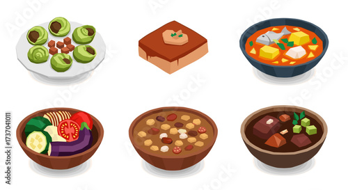 Vector art of collection of six different dishes and desserts