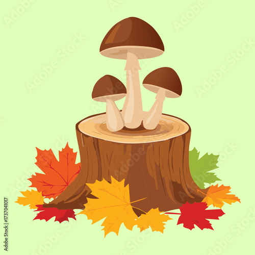 Clean Illustration of a Mushroom Family Resting on a Tree Stump Surrounded by Colorful Autumn Foliage and Leaves	