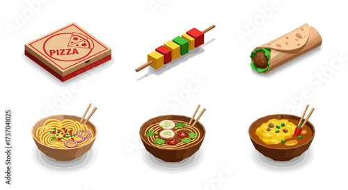 Vector art of assortment of delicious food items including pizza, kebab, burrito, and noodle soup bowls