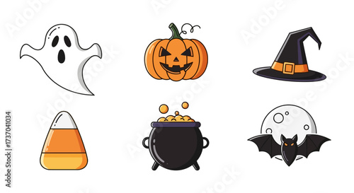 Halloween Icons Ghost, Pumpkin, Witch Hat, Candy Corn, Cauldron, and Bat