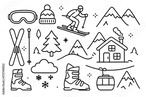 Winter sports icon set. Skiing equipment and alpine scenes. Line art vector illustration collection. Mountain resort, skier, cabin, gondola, goggles. Doodle cartoon style.