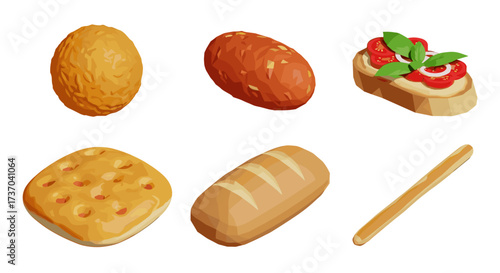 Vector art of collection of bread products and a bruschetta