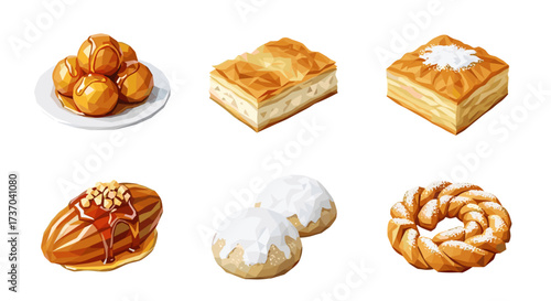Vector art of collection of six different traditional greek desserts