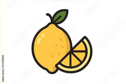 Lemon fruit icon in a flat cartoon style. Vector illustration of a whole citrus fruit with a leaf and a lemon slice or wedge. Fresh, sour, healthy food concept for design.