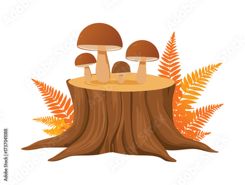 Elegant Composition of Edible Boletus Mushrooms Perched Atop a Textured Stump Along with Beautiful Autumn Ferns	