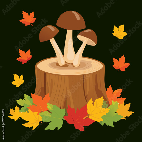 Wild Brown Fungi Growing on a Rustic Stump Surrounded by Falling Autumn Leaves in a Deep Woodland Environment	