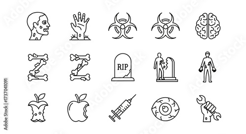 A collection of thin line icons representing a zombie apocalypse, including undead characters, biohazard warnings, and survival elements