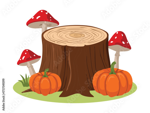 Festive Autumn Harvest Decoration Featuring Red Spotted Mushrooms and Bright Orange Pumpkins Around a Forest Tree Stump	