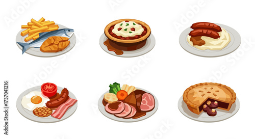 Vector art of collection of six traditional british meals and desserts