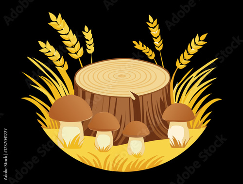 Harvest Time Abundance Featuring Wild Mushrooms and a Bare Stump Surrounded by Ripe Golden Wheat and Grain Stalks	
