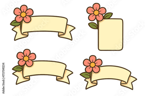 Set of cute cartoon floral banners with pink flowers. Vector illustration of empty ribbons and name tags. Collection of decorative design elements for text template.