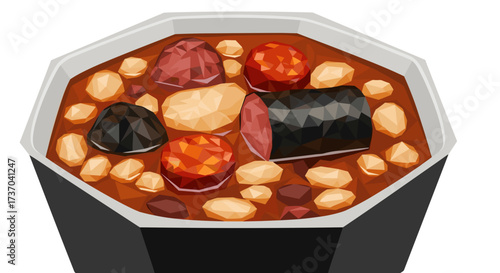 Vector art of a hearty stew with various meats and beans