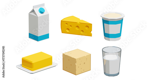 Vector art of collection of dairy products including milk, cheese, yogurt, and butter