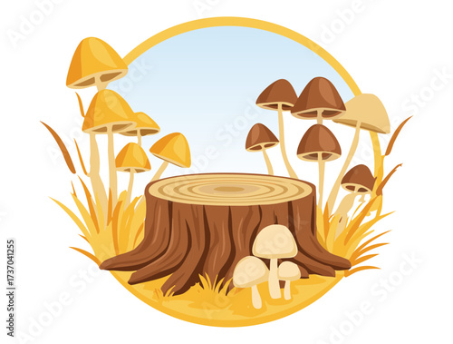 A Collection of Golden Brown Fungi Growing on a Mossy Stump Under an Arching Autumn Sky with Gentle Background Light	