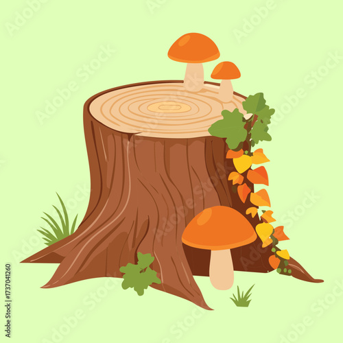 Autumn Forest Display with Wild Fungi Thriving on a Rustic Tree Stump Decorated with Falling Leaves and Vines	