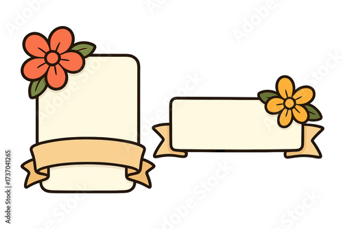 Set of retro floral banners with groovy flowers. Vector cartoon name tags with ribbons. Vintage style label frames for text. Blank cute sticker design element collection.
