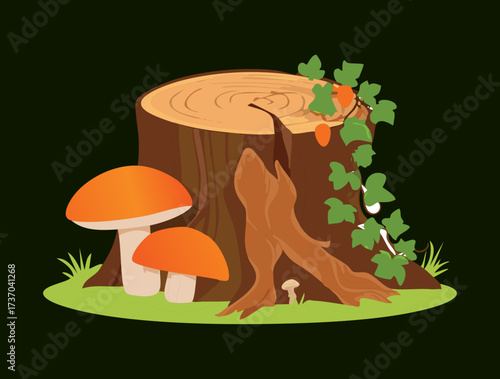 Striking Contrast of Bright Orange and White Mushrooms Against a Dark, Gnarly Tree Stump and Forest Undergrowth	