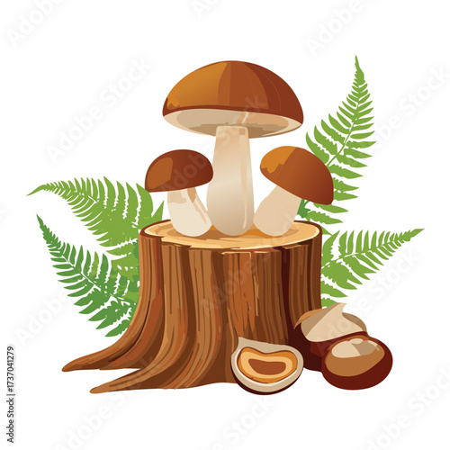 Beautiful Woodland Scene Highlighting Fungi Variety Sprouting From a Tree Stump with Ferns and Fallen Acorns Below	