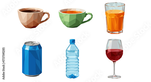 Vector art of collection of various beverages including coffee, tea, juice, soda, water, and wine