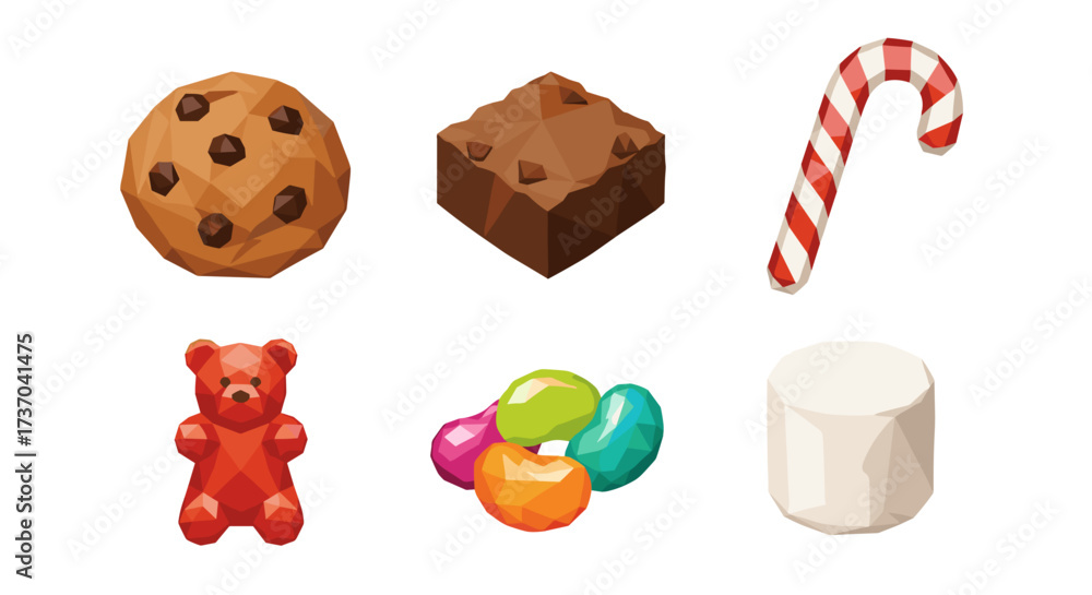 Fototapeta premium Vector art of collection of sweet treats including a cookie, brownie, candy cane, gummy bear, jelly beans, and marshmallow
