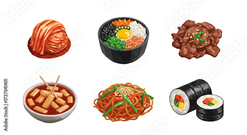 Vector art of collection of popular korean dishes including kimchi, bibimbap, bulgogi, tteokbokki, japchae, and kimbap