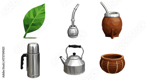 Vector art of yerba mate set with leaf, gourd, bombilla, kettle, thermos, and basket