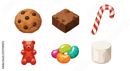 Vector art of collection of sweet treats including a cookie, brownie, candy cane, gummy bear, jelly beans, and marshmallow