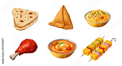 Vector art of collection of indian food dishes including naan, samosa, rice, chicken, curry, and kebab