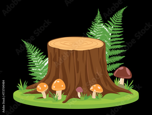 Dark woodland cartoon illustration of a large tree stump surrounded by various tiny brown mushrooms and green grass	
