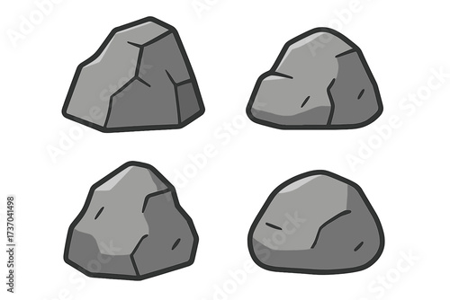 Rock icon set. Stone and boulder collection. Cartoon vector illustration. Granite mineral symbol. Flat geology graphic element for nature, game or web. Clipart isolated.