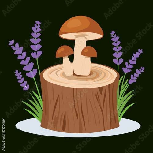 Classic illustration of a family of brown porcini mushrooms on a stump, surrounded by purple lavender flowers and herbs	
