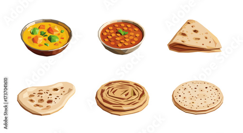 Vector art of indian food assortment with curry, chana masala, and various flatbreads