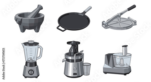 Vector art of collection of kitchen appliances and tools, including a mortar and pestle, griddle, tortilla press, blender, juicer, and food processor