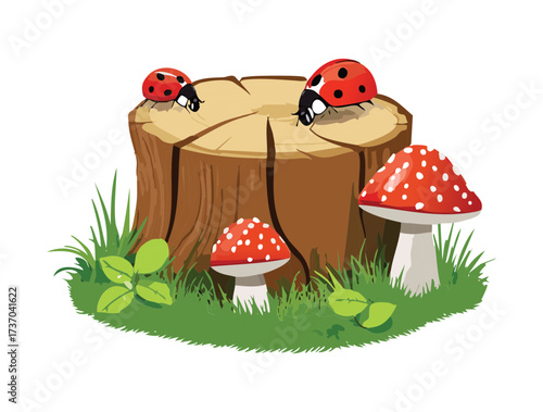 Detailed illustration of red-spotted mushrooms on a stump with several ladybugs crawling on the wood surface	