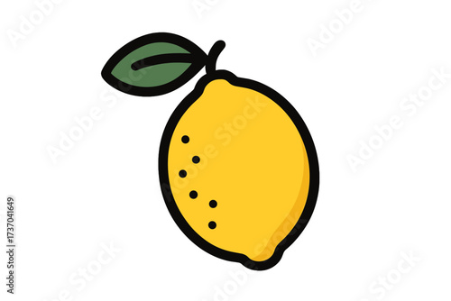 Fresh lemon fruit icon with leaf. Simple flat cartoon vector illustration of a yellow citrus. Concept for healthy organic food, sour taste, vitamin C, juice, and lemonade.