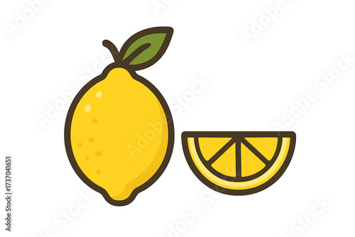 Lemon fruit vector icon with slice and leaf. Flat cartoon illustration of fresh citrus. Healthy food symbol for juice, lemonade, diet, and vitamins. Isolated graphic element.