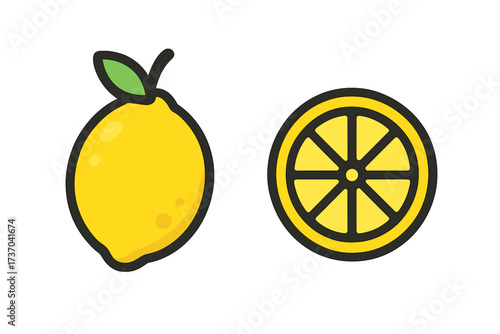 Lemon fruit icon with whole and slice. Fresh citrus vector illustration. Healthy food concept for juice, vitamin C. Simple flat cartoon graphic design element isolated set.