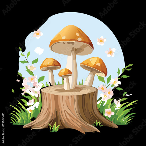 Dreamy woodland scene with brown mushrooms on a stump, under a large tree silhouette against a sunny blue sky	