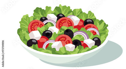 Vector art of fresh greek salad with lettuce, tomatoes, olives, feta cheese, and red onion