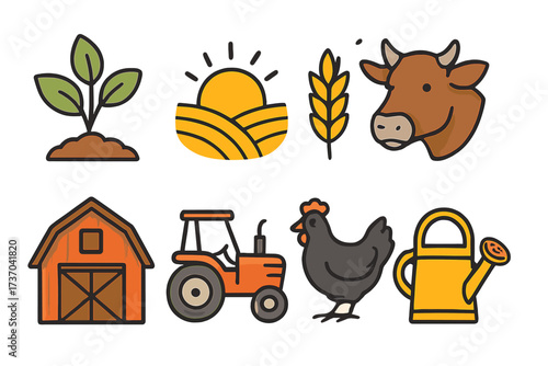Farm and agriculture icon set. Vector collection of farming symbols. Includes cow, chicken, tractor, barn, wheat, and plant. Organic food and livestock breeding concept.