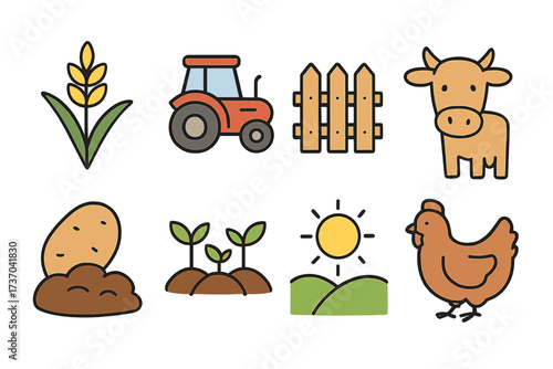 Farming and agriculture icon set vector collection. Organic food and livestock production symbols. Includes tractor, cow, chicken, wheat, crop, plant, and sunny landscape icons.